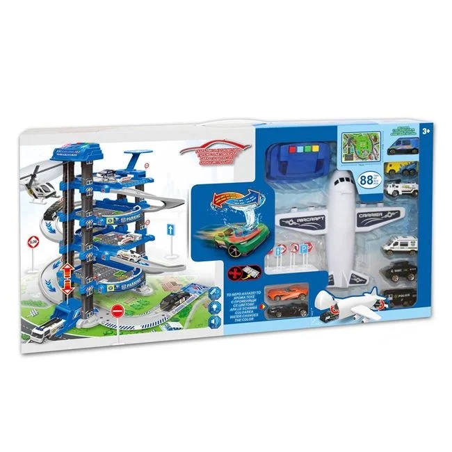 Garaj de politie cu 3 nivele, include covor, semne de circulatie si 8 vehicule, cu sunete si lumini, 76.5x9x39.5cm, multicolor - 1 | YEO