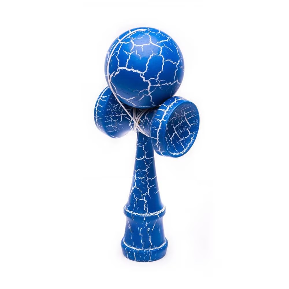 Kendama profesionala din lemn, model 18 cm, design crapat, culoare Albastru/Alb