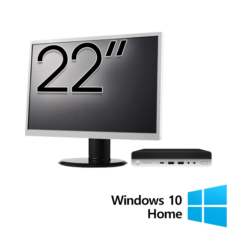 Pachet PC Refurbished HP ProDesk 600 G4 Mini Intel Core i5-8500T 2.10 - 3.50GHz 8GB DDR4 256GB SSD + Monitor 22 Inch + Windows 10 Home
