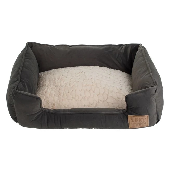 Pat pentru caini, cu imitatie de blana, dreptunghiular, dimensiuni 61x49x18cm, bej-negru - 1 | YEO