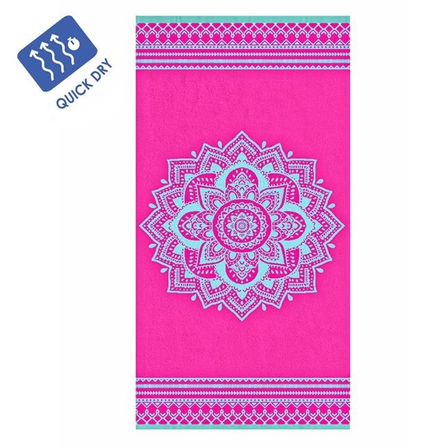 Prosop pentru Plaja, din Bumbac, cu Model Mandala, 150x75cm, Fucsia - 2 | YEO