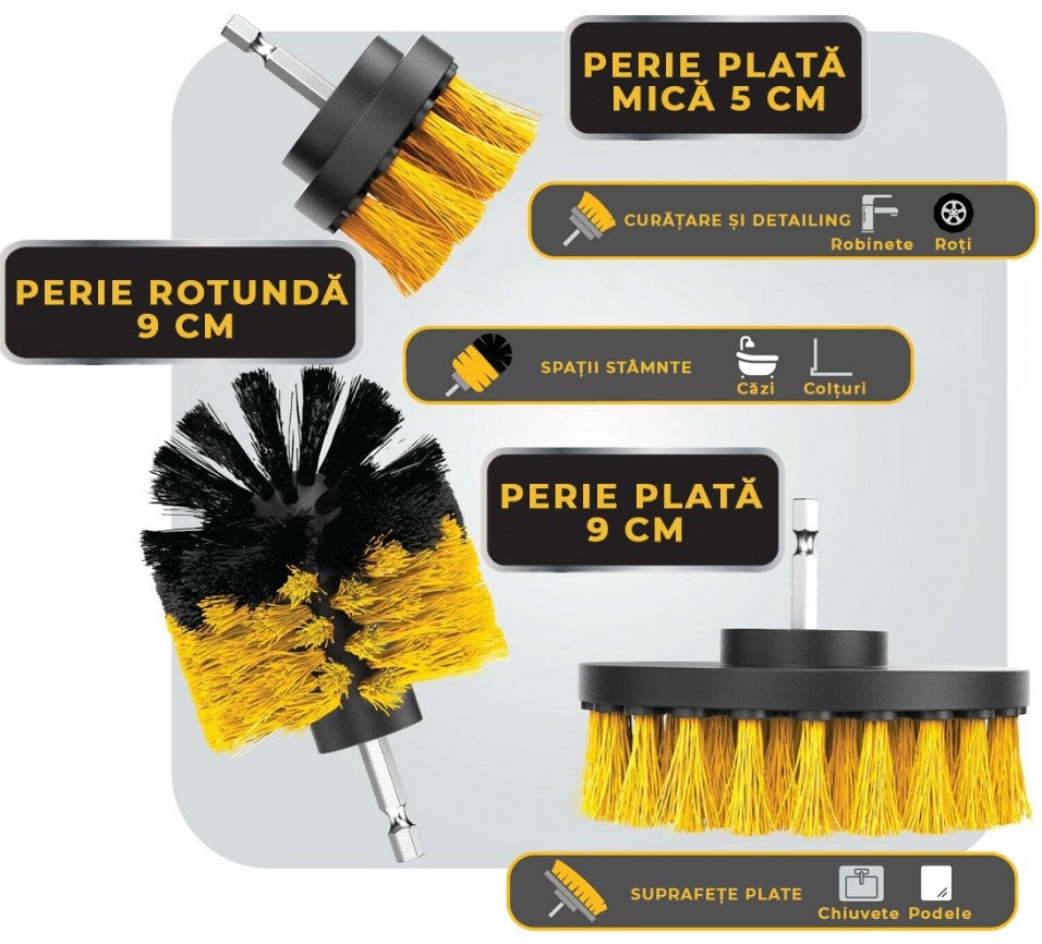Set 3 perii rotative din plastic, pentru curatat suprafete, cu adaptor, diferite marimi, pentru surubelnita electrica, negru-galben - 2 | YEO