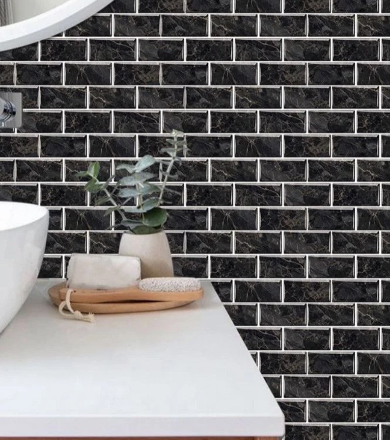 Set 5 x tapet autoadeziv decorativ, spuma moale, lavabil, adeziv puternic, usor de montat, 30x60cm, negru, model marmura - 1 | YEO