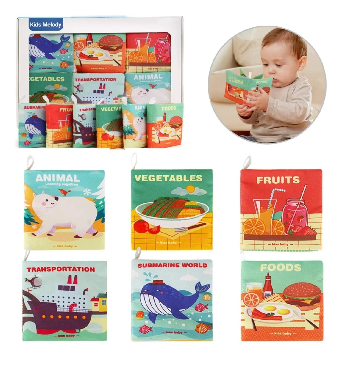 Set 6 carti educative, senzoriale, textile, pentru bebelusi 3 luni+, 12x10x2 cm, multicolor - 1 | YEO
