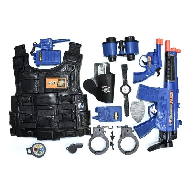 Set de joaca model politist, cu vesta si arma, cu sunet si lumini, 71x5x37.5cm, negru-albastru