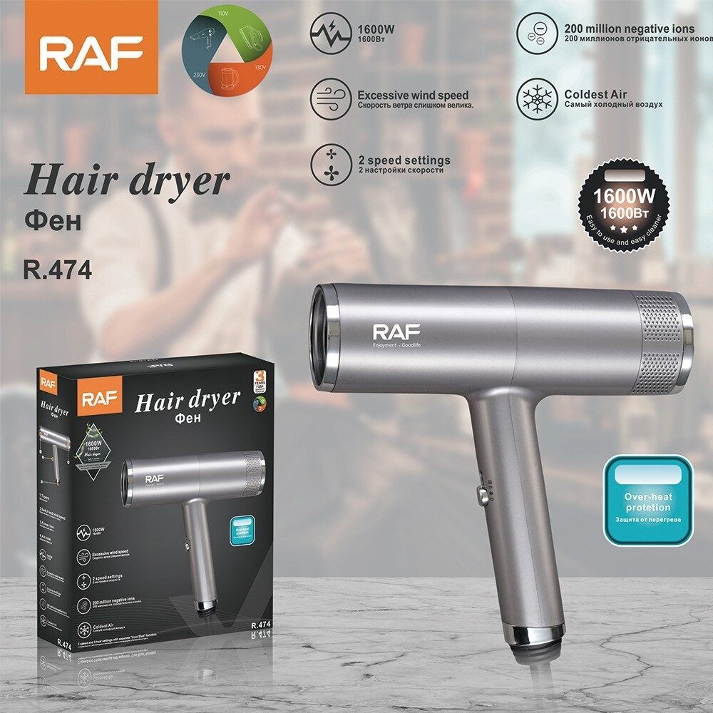 Uscator de par cu ioni negativi, RAF R474, 1600W, 2 viteze, buton de aer rece, 1 cap magnetic inclus, argintiu