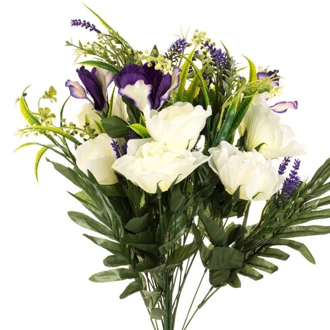 Buchet din flori artificiale, trandafiri albi si irisi mov cu frunze verzi, 60 cm, alb/mov - 1 | YEO