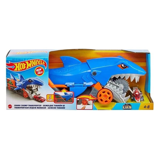 Camion in forma de rechin Hot Wheels, contine o masina Hot Wheels, 36x8x13cm, multicolor