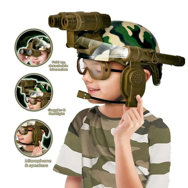 Casca de Armata de Jucarie, pentru Copii peste 6 ani, cu Lumina LED, Binoclu si Ochelari, Verde Camuflaj - 3 | YEO