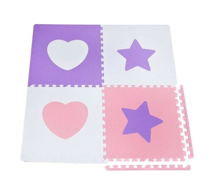 Covor tip Puzzle pentru copii, model Inimi si Stele, 3 ani+ 61x61cm (4 Piese), roz