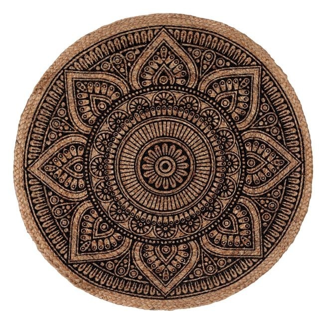 Covoras decorative rotund din iuta, cu model mandala, 80 cm, bej