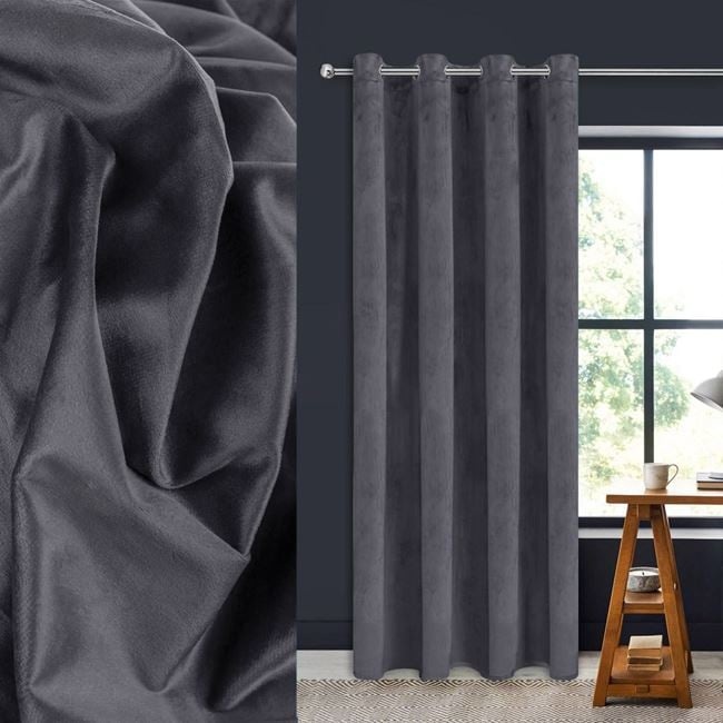 Draperie decorativa, tip blackout - nu lasa lumina sa treaca, cu aspect de piele suede, cu inele, 140x260 cm, gri - 1 | YEO