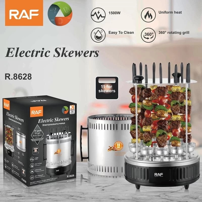Gratar electric multifunctional, RAF R8628, 1500 W, pentru 11 frigarui, din otel, negru-argintiu - 1 | YEO