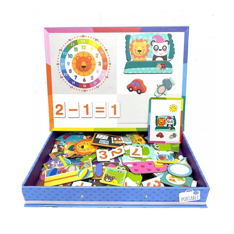 Joc educativ cu puzzle magnetic pentru copii 3 ani+, cu cifre, concepte de timp si animale, din carton, multicolor