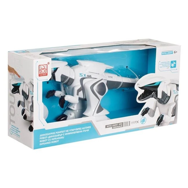 Jucarie robot in forma de dinozaur, cu telecomanda cu infrarosu si senzor tactil, 51x15.5x25cm, alb-negru