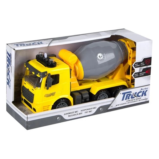 Jucarie vehicul de santier, betoniera cu cos totativ, cu lumini si sunet, 30x11x16cm, galben