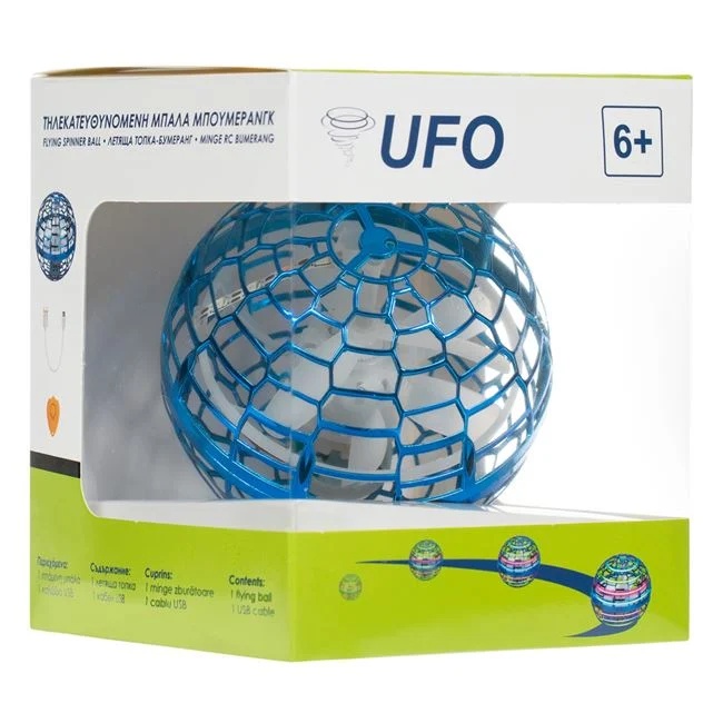 Minge bumerang OZN, cu telecomanda functie infrarosu, cablu incarcare USB, diametru 9.5cm, albastru
