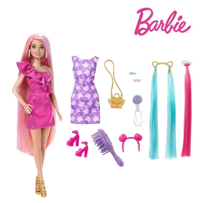 Papusa Barbie cu par colorat si accesorii incluse, dimensiuni 7x3.5x30cm, multicolor