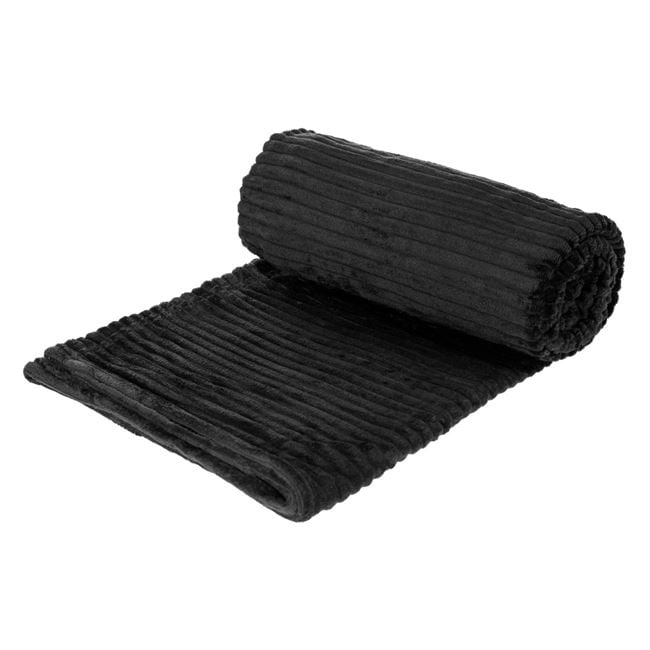 Patura catifelata la atingere pentru pat dublu, model reliefat cu dungi, 230x220 cm, negru