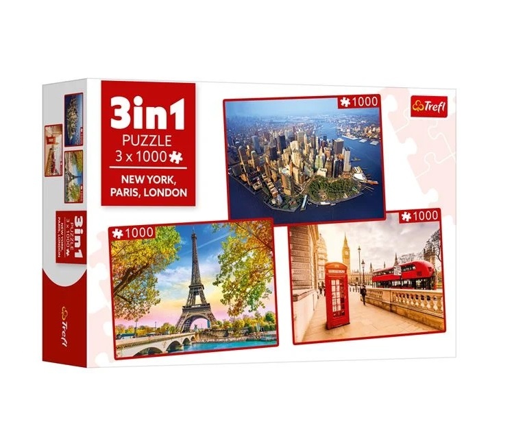 Puzzle cu 3 Imagini, New York ,Paris si Londra, (3x1000 Piese), 14 ani+