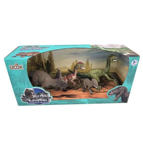 Set 4 dinozauri de jucarie -Triceratops, Dilophosaurus, Velociraptor si pui de Velociraptor