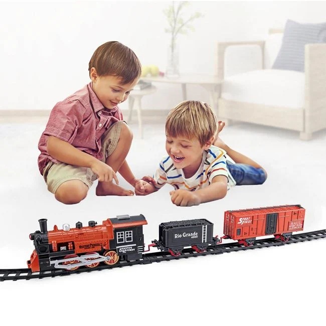 Tren clasic de jucarie, cu 4 sine drepte si 16 sine curbate, cu lumina si sunet, 44x7x35cm, rosu-negru