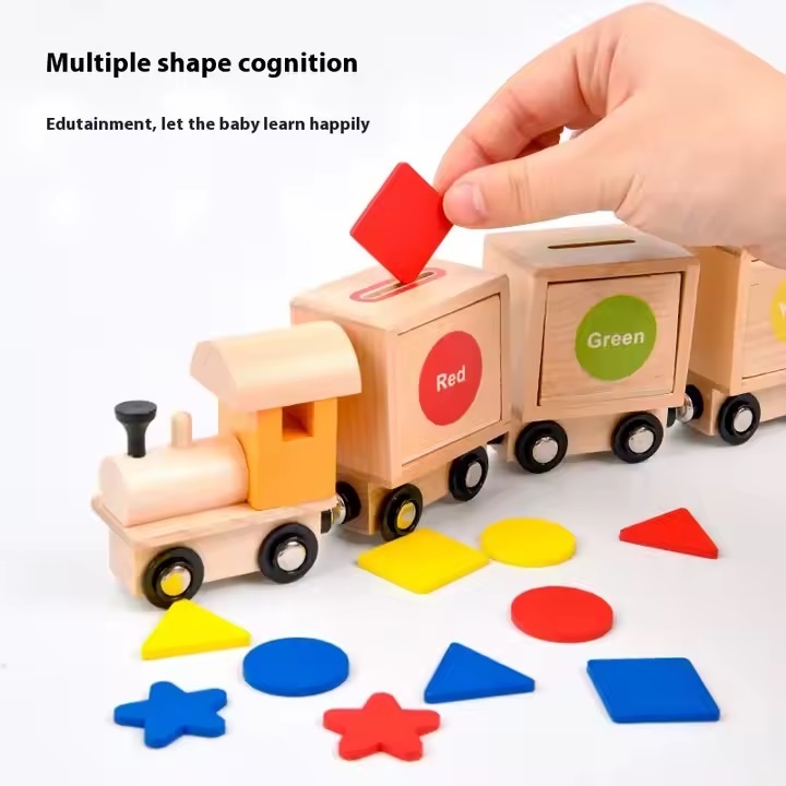 Trenulet de jucarie, educativ, sortator, pentru copii 2 ani+, din lemn, 35 cm lungime, multicolor - 1 | YEO