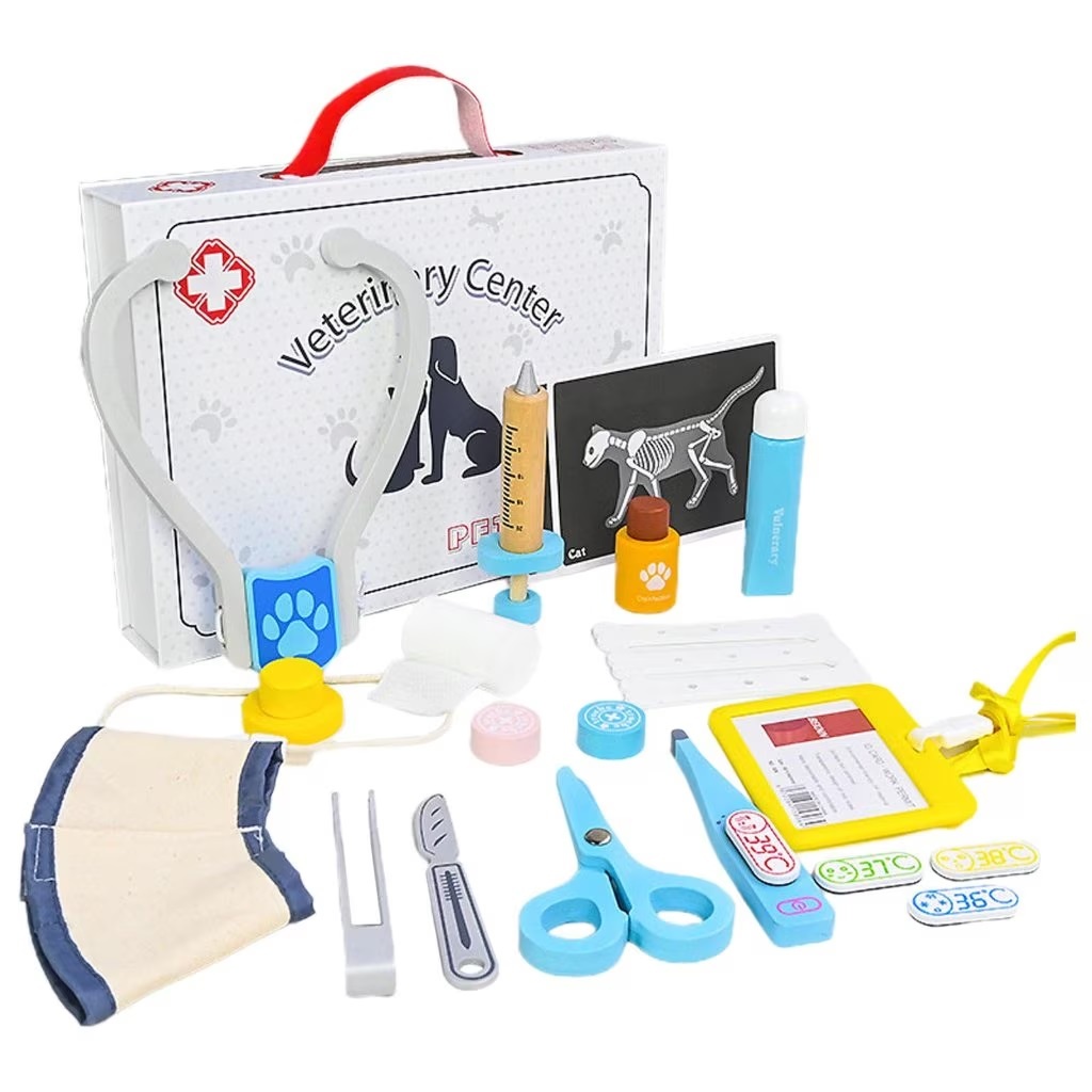 Trusa Veterinar de jucarie, cu 22 accesorii, pentru copii 3 ani+, din lemn, 27x20x4.5 cm, multicolor