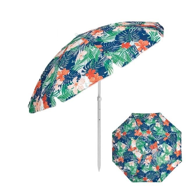 Umbrela de Plaja Anti Vant, cu Model Flori Tropicale, UPF 50+, Rama din Aluminiu, Ø2m, Multicolor