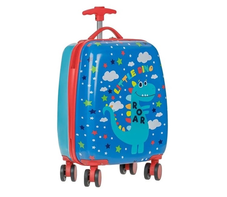 Valiza tip troler, pentru copii, cu dinozauri, roti rotative, 22L, 30x21x50 cm, bleu