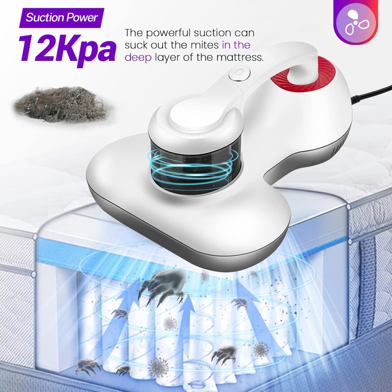 Aspirator ani-acarieni pentru saltele, covoare, 300W, cu lumina UV-C si filtru HEPA, alb - 2 | YEO