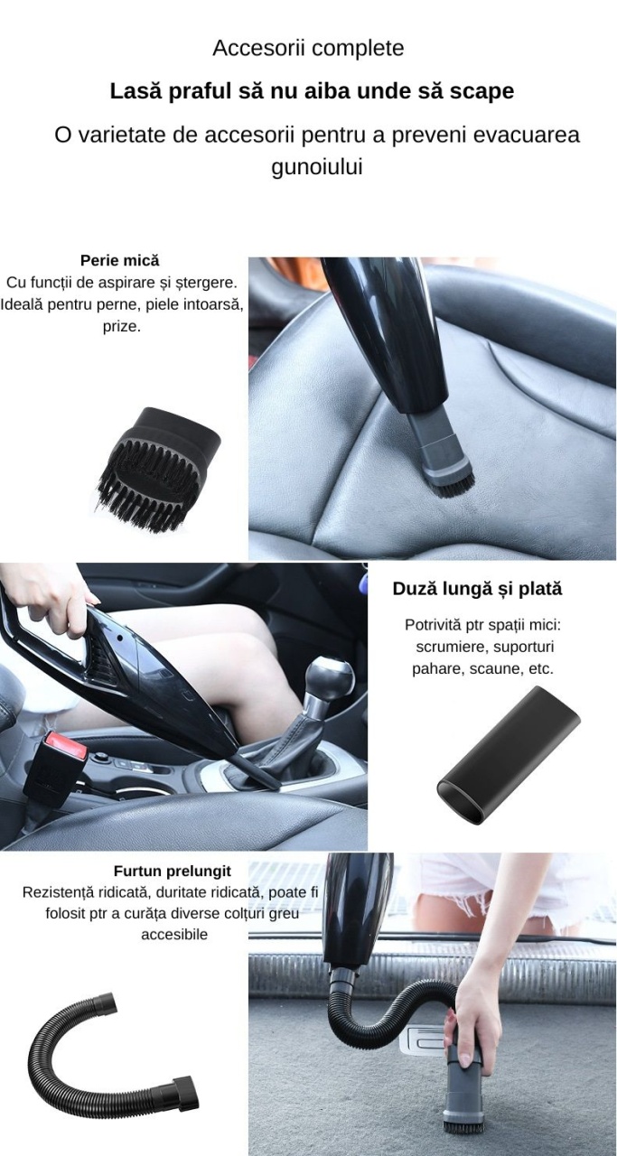 Aspirator Auto 120W Turbo, Fara Fir, Baterie 3000mAh, Filtru HEPA, 4 Duze Interschimabile, Negru - 1 | YEO