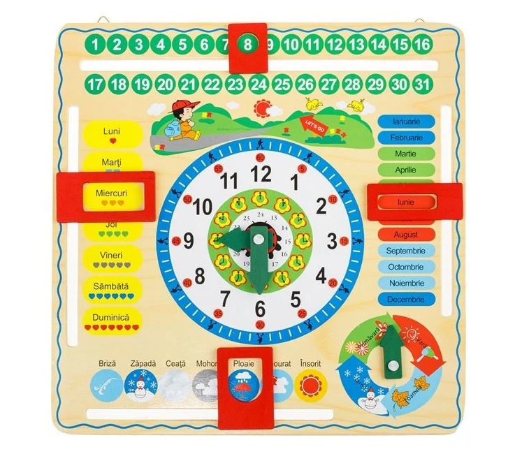 Ceas Calendar Educativ din Lemn, 3 ani+, 30.5x30.5 cm