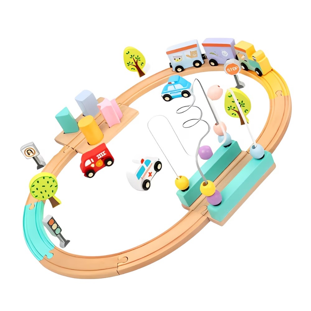 Circuit cu trenulet interactiv, cu 20 piese, bile, animale, masini si copaci, din lemn, 30x23x10 cm, multicolor