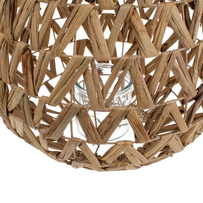 Felinar decorativ oval de podea, cu rama metalica si impletitura din hiacint acvatic si maner de sfoara, cu suport din sticla pentru lumanari, Ø45x65 cm, maro - 3 | YEO