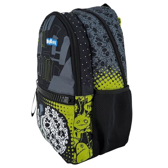 Ghiozdan cu Fermoar Mare, model Skateboard cu Cranii, 30x19x44 cm, negru cu verde, - 1 | YEO