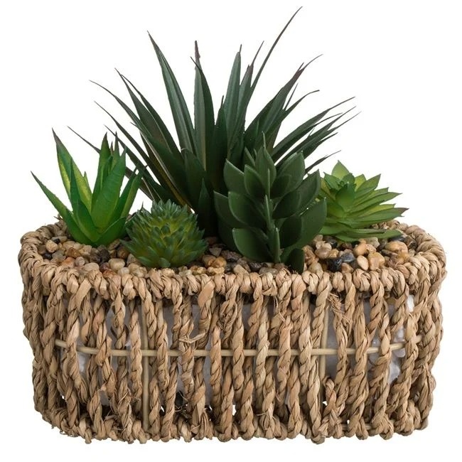 Ghiveci decorativ impletit cu 5 plante suculente artificiale, decorat cu pietre mici, 19x8x17 cm, maro/verde