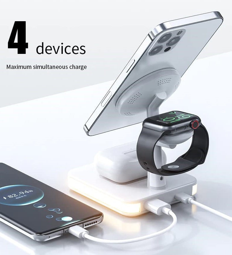 Incarcator wireless 4 in 1 Andowl 991, 25W, compatibil cu iPhone, iWatch, Airpod Pro 2 3, cu mufa USB Type-C, lumina LED, alb - 1 | YEO