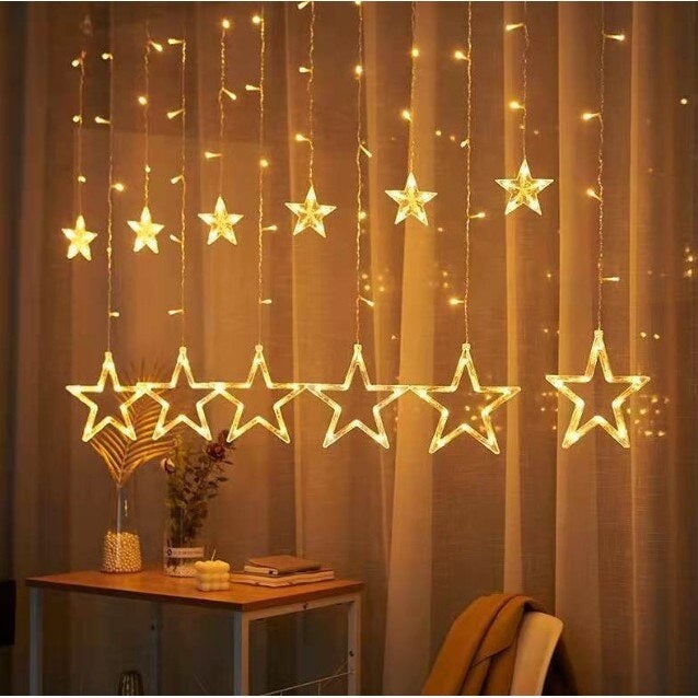 Instalatie Luminoasa pentru Craciun, Perdea cu 6 Stele Mici si Mari, Interconectabila, Lumina Alba calda - 2 | YEO