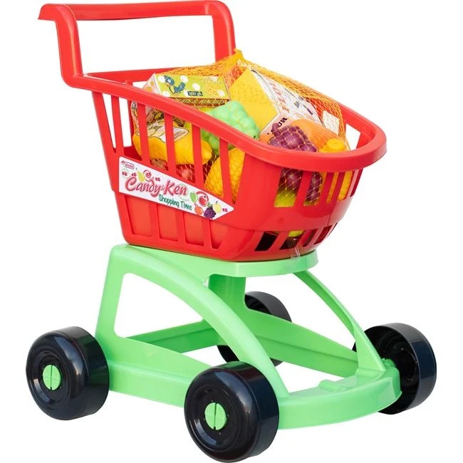 Jucarie carucior Supermarket, cu alimente, 19 piese, varsta 3+ ani, din plastic, 34x32x47cm, multicolor