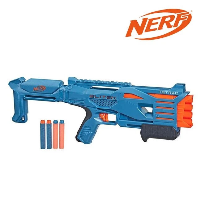 Lansator Nerf Elite 2.0 Tetrad QS 4, include 4 sageti, 46x4x16cm, albastru-portocaliu