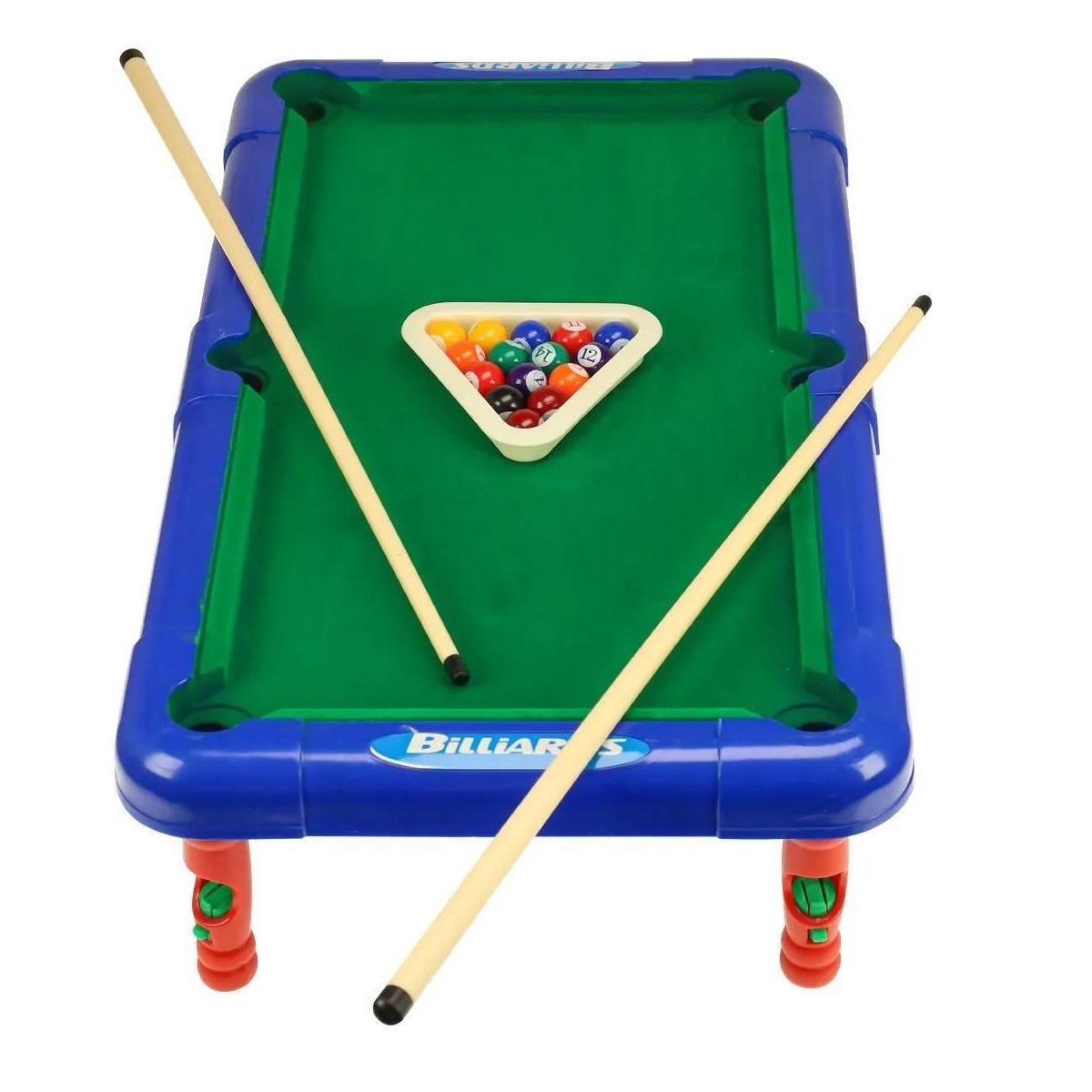 Masa de biliard pentru copii 3 ani+, cu 2 tacuri, bile, triunghi si creta, 65x37x17 cm, verde-albastru - 2 | YEO