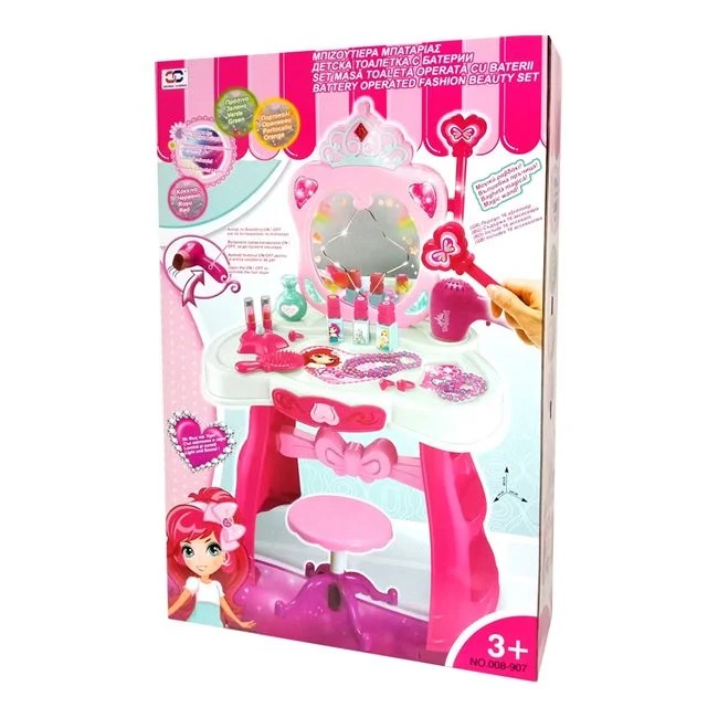 Masa de toaleta cu oglinda si 16 accesorii incluse, cu sunet si lumini, varsta 3+ ani, din plastic, 44x28x67cm, roz - 1 | YEO