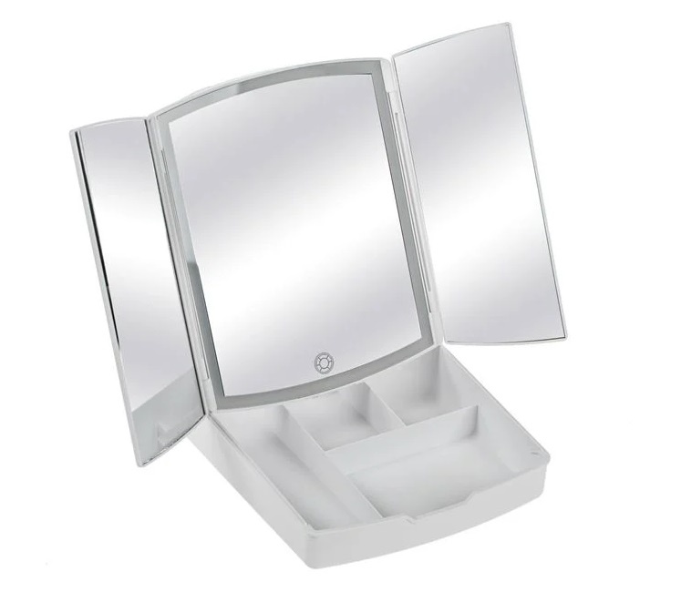 Oglinda Tripla Pliabila pentru Machiaj, 72 de Becuri LED, USB, 20x22x26cm, alb