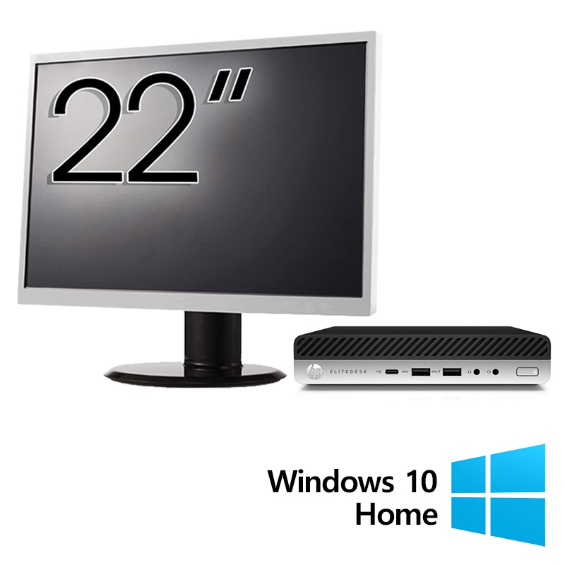 Pachet Calculator Refurbished HP EliteDesk 800 G3 Mini PC Intel Core i7-7700T 2.90 - 3.80GHz 8GB DDR4 256GB SSD Wi-Fi + Monitor 22 Inch + Windows 10 Home