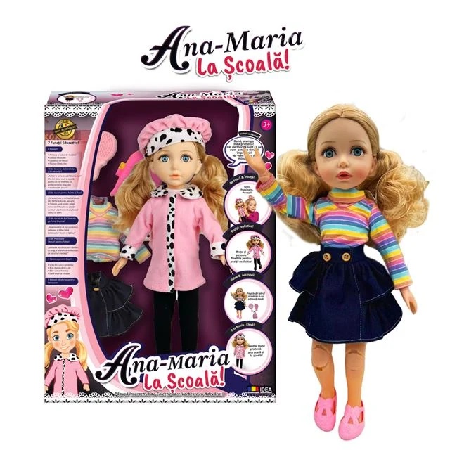 Papusa Ana Maria la scoala, cu 2 rochii incluse, varsta 3+ ani, 42x11x54cm, multicolor