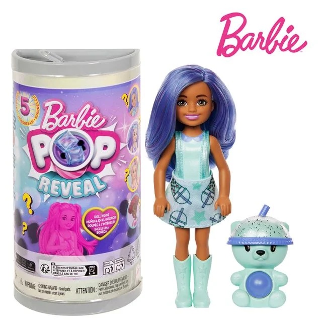 Papusa Chelsea Pop Reveal cu bubble tea, varsta 3+ nai, Barbie, 8x4.5x16.5 cm, multicolor