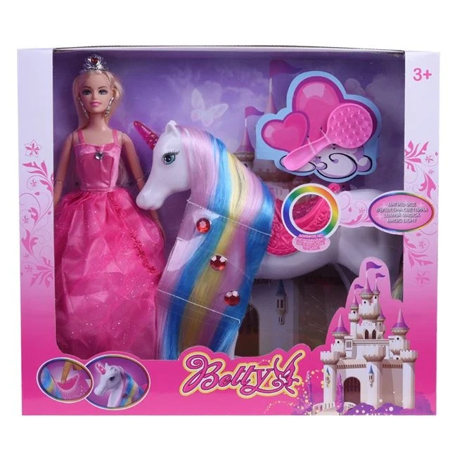 Papusa printesa cu rochie, unicorn cu lumini si accesorii incluse, varsta 3+ ani, 36x9x32cm, multicolor