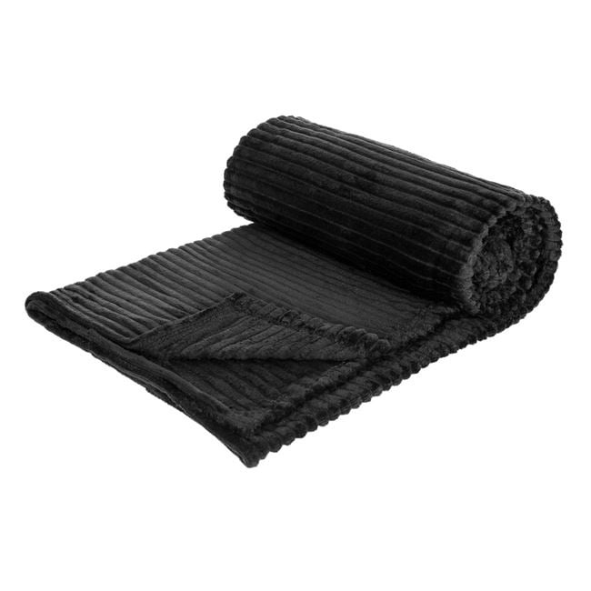 Patura catifelata la atingere pentru pat dublu, model reliefat cu dungi, 230x220 cm, negru - 1 | YEO