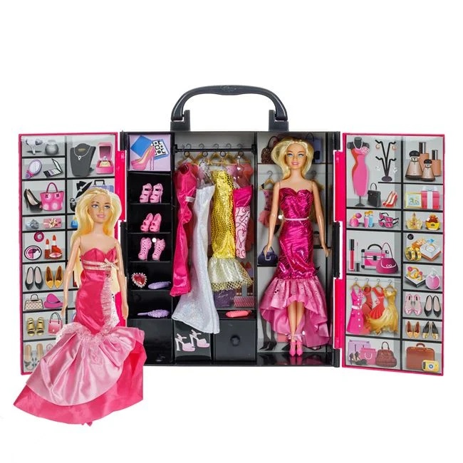 Set 2 papusi manechin cu dulap de haine si pantofi incluse, varsta 3+ ani, 29x9x29cm, roz - 1 | YEO